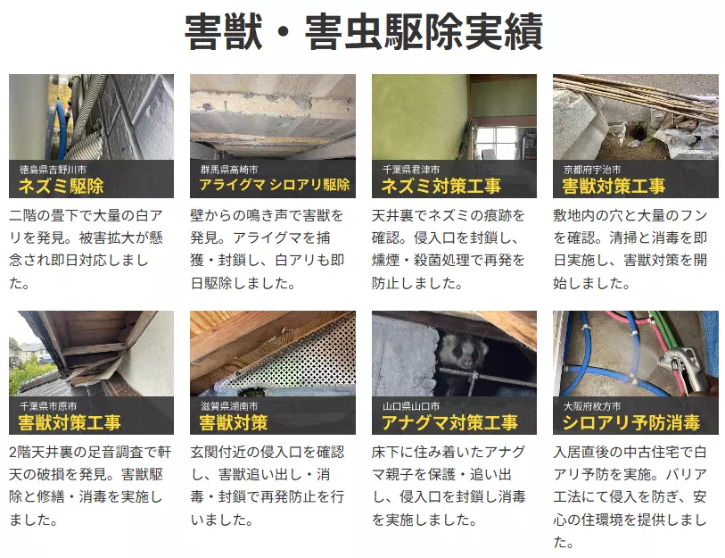 害虫・害獣の駆除実績