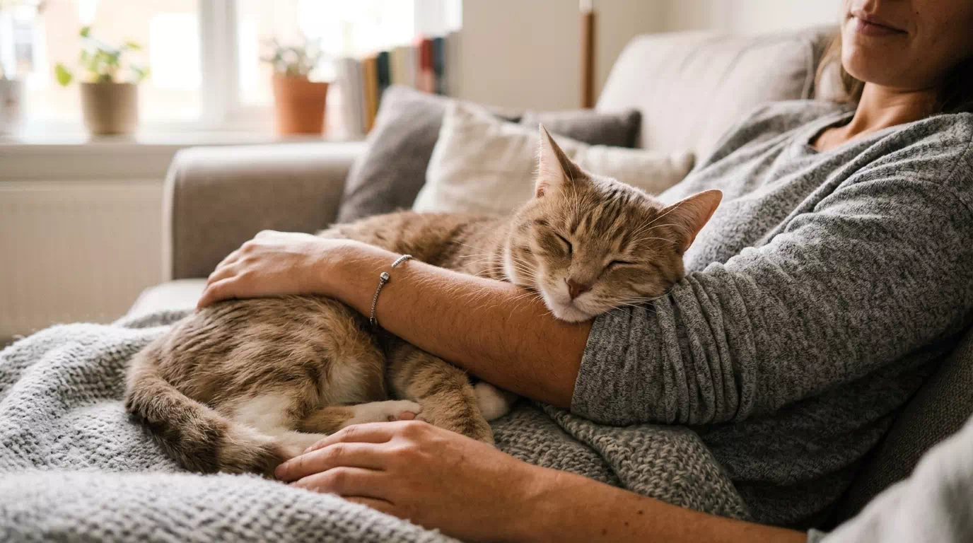 腕枕で猫と一緒に寝る