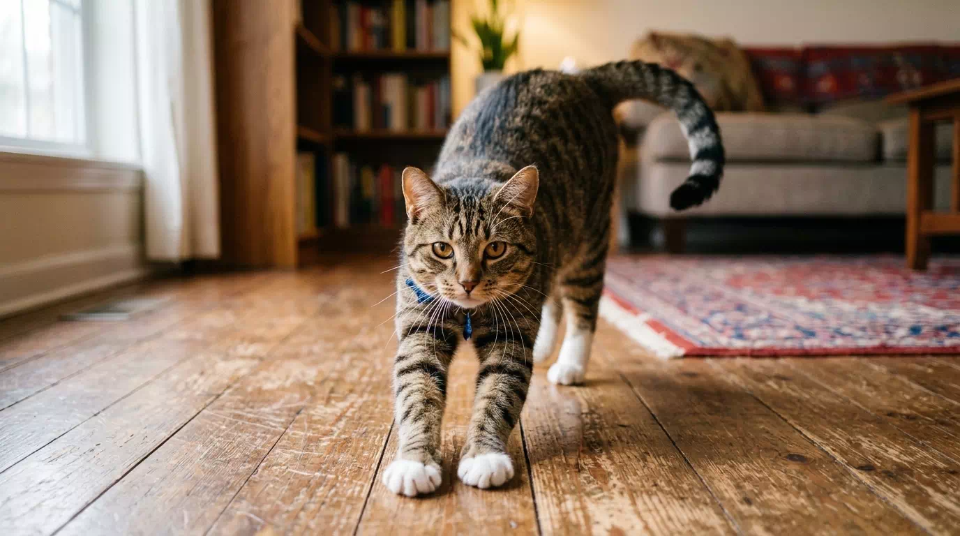 猫が伸びをしながら近づく