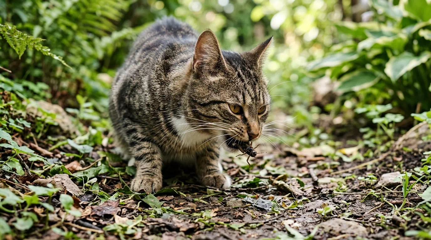 猫が虫を食べる